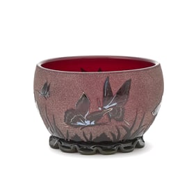 Ramski Art Nouveau Style Etched and Enameled Glass Footed Bowl with Butterfly Decoration