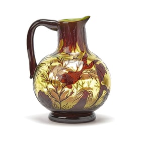 Ramski Art Nouveau Style Etched Cameo Glass Aquatic-Themed Footed Ewer