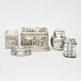 Group of Five Silver and Silver-Plated Boxes and Jars