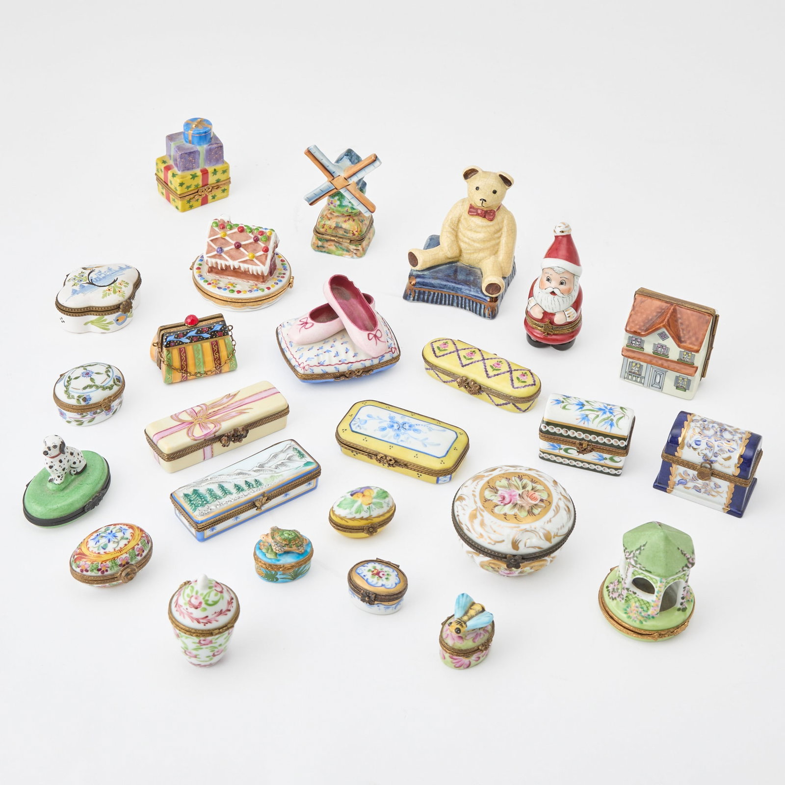 Group of French Porcelain Boxes: Height of largest 3 1/2 inches. Together with a Staffordshire Bear. (25)
