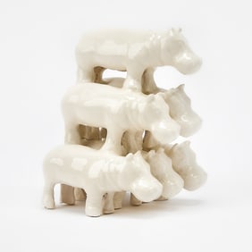 Glazed Ceramic Group of Six Stacked Hippos