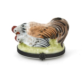 French Metal-Mounted Hand-Painted Porcelain Small Rooster Box