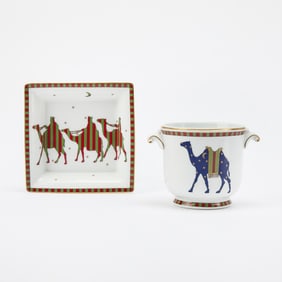 Richard Ginori Porcelain Camel-Themed Small Cachepot and Square Dish