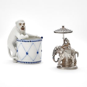 Christofle Silver-Plate Elephant and Monkey-Form Toothpick Holder and a Porcelain Monkey-Form Holder