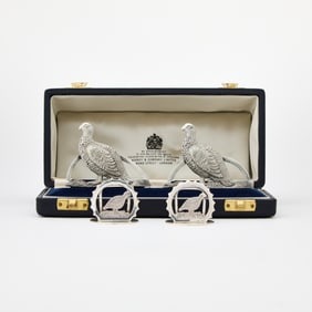Cased Pair of English Sterling Silver Pheasant Form Menu Holders and Pair of Place Card Holders