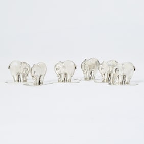 Set of Six English Sterling Silver Elephant-Form Name Place Card Holders