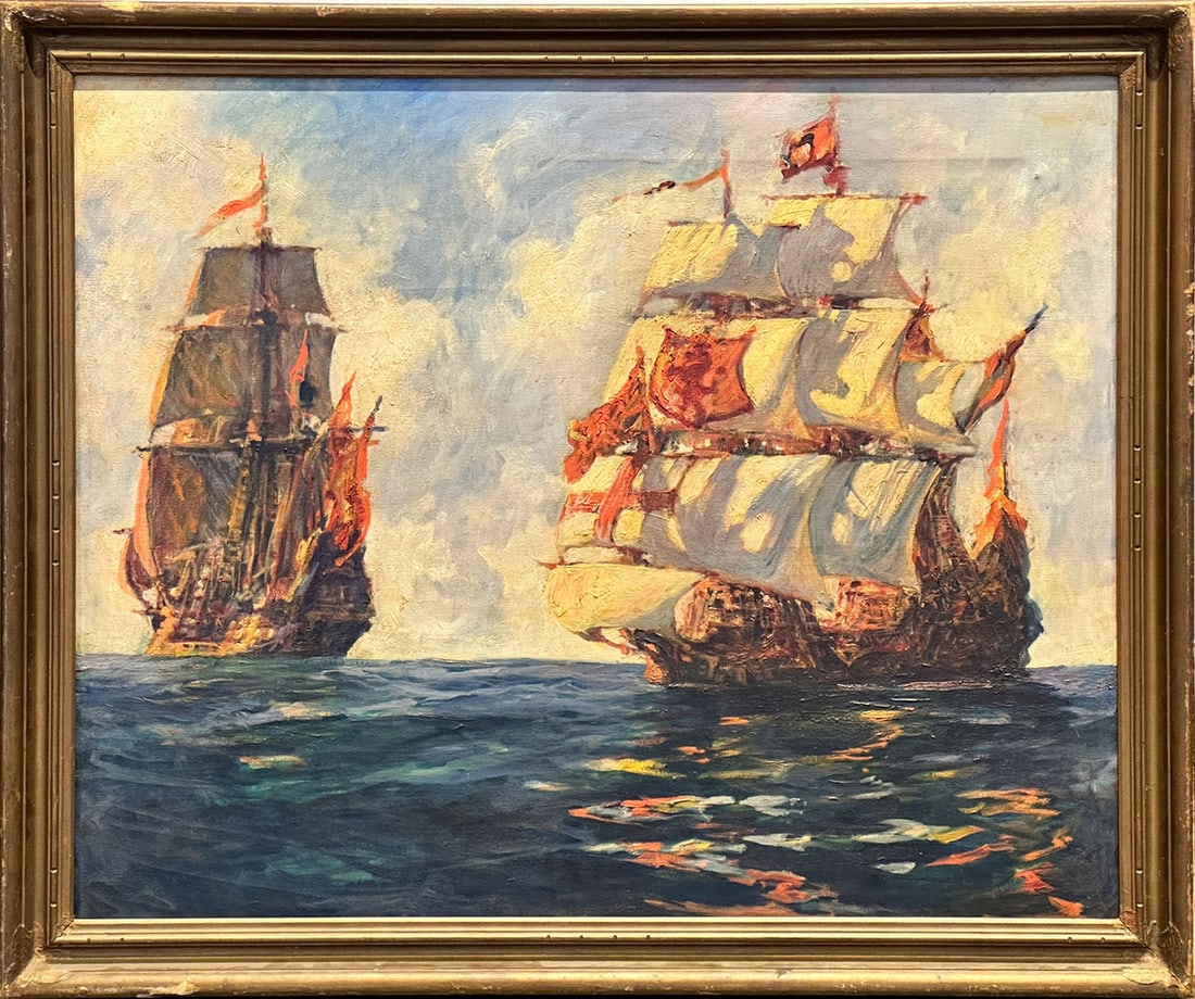 Philip Little: American, 1857-1942 Galleons at Sea, 1928 Inscribed and dated PHILIP LITTLE/1928 and stenciled PHILIP LITTLE/SALEM MA on the reverse Oil on canvas 29 x 36