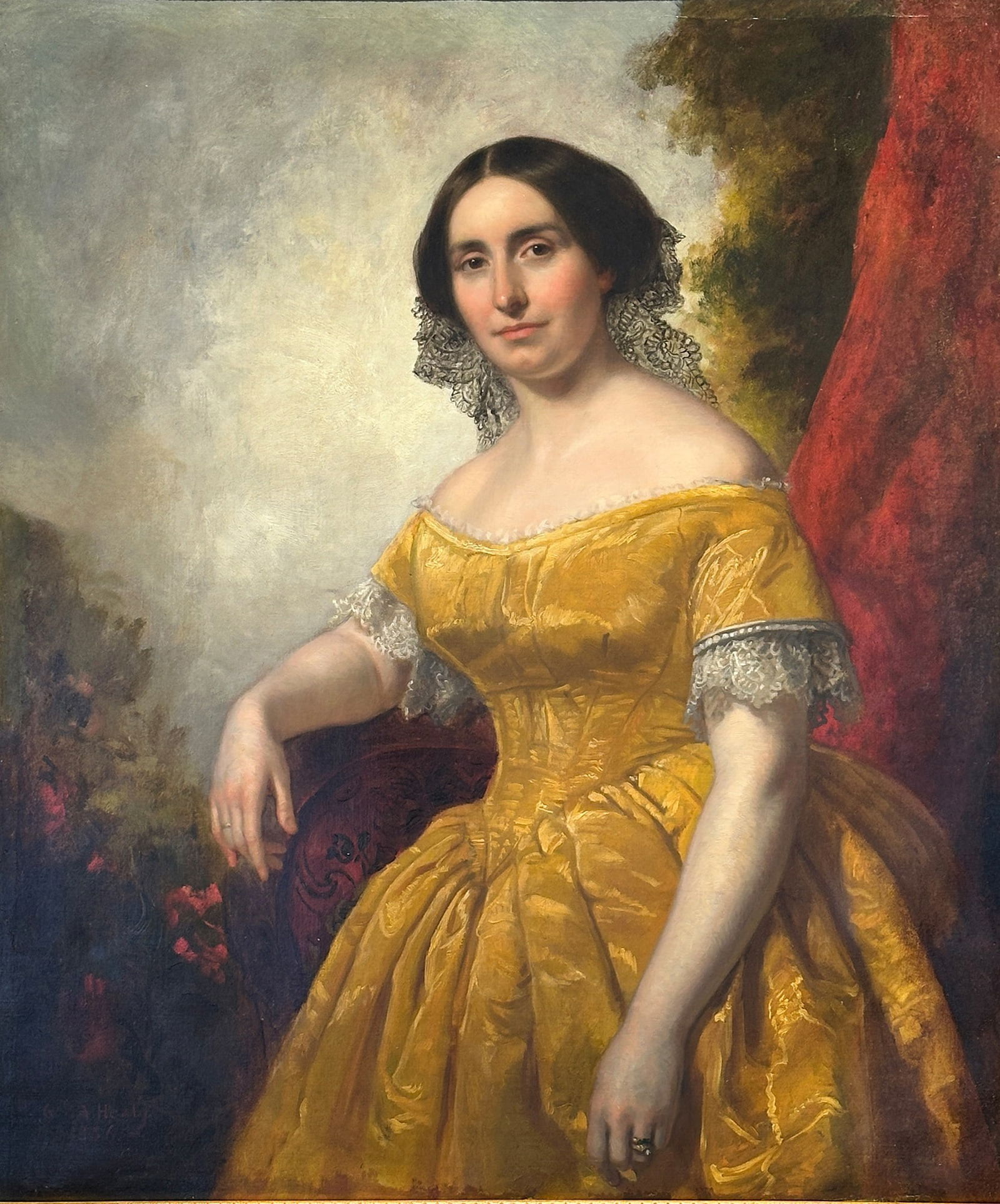 George Peter Alexander Healy: American, 1813-1894Portrait of a Lady in an Elegant Gold Dress, 1856Signed and dated G. P. A. Healy 1856 (ll)Oil on canvas44 1/2 x 37 inchesFramed 50 x 42 1/2 inches
