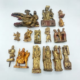 Group of Fifteen Chinese Gilt and Painted Carved Wood Figures