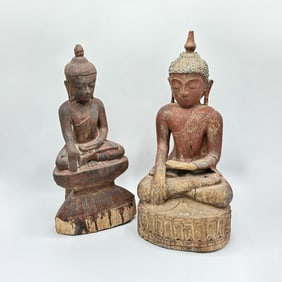 Two Burmese Red Painted Carved Wood Figures of Buddha
