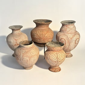 Five Thai Ban Chiang Bichrome Pottery Vessels