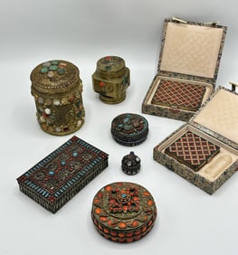 Group of Asian Silvered, Filigree, and Hardstone Inset Boxes and Articles