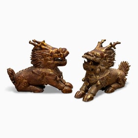 Pair of Chinese Red Lacquer and Gilt Qilin