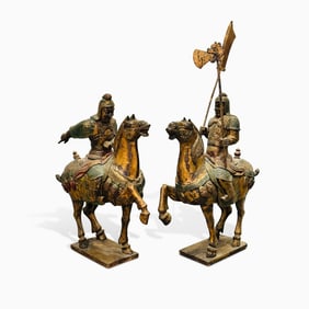 Two Painted and Giltwood Figures of Warriors on Horseback