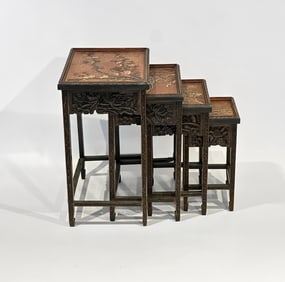 Set of Four Hardwood and Stone-inlaid Nesting Tables
