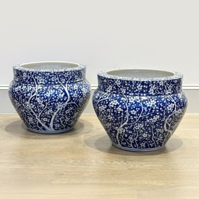 Pair of Chinese Blue and White Glazed Porcelain Jardinieres