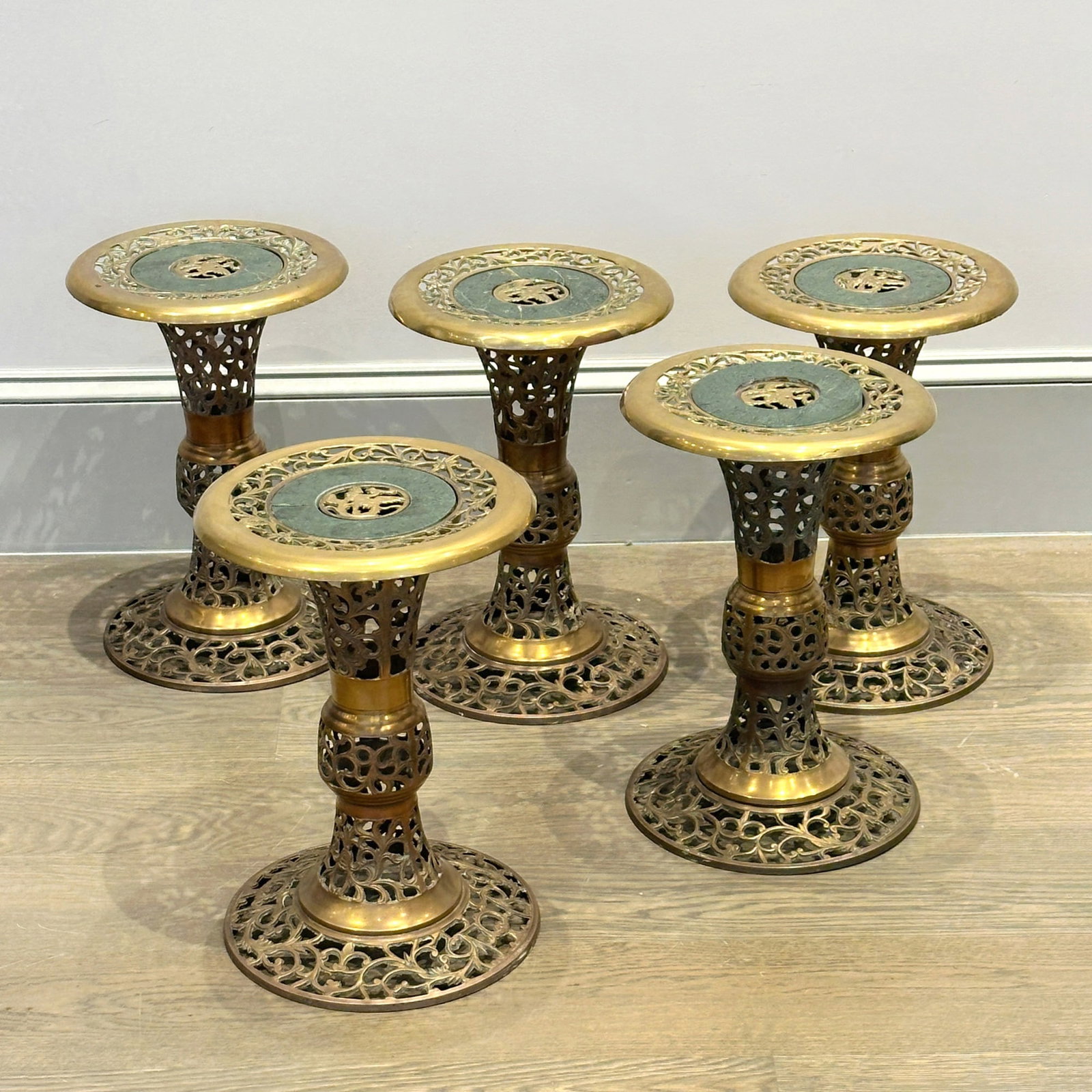 Group of Five Reticulated Brass and Hardstone Plant Stands: 20th Century Height 17 inches, diameter 11 1/2 inches.