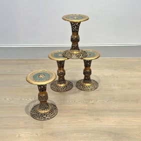 Group of Four Reticulated Brass and Hardstone Plant Stands