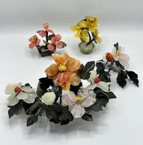 Three Hardstone Flower Table Ornaments
