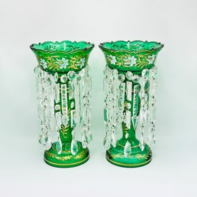 Pair of Parcel Gilt and Enameled Green Glass Lustres