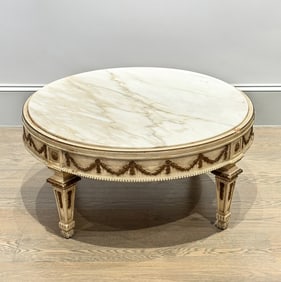 Louis XVI Style White Painted and Parcel Gilt Marble Top Low Table