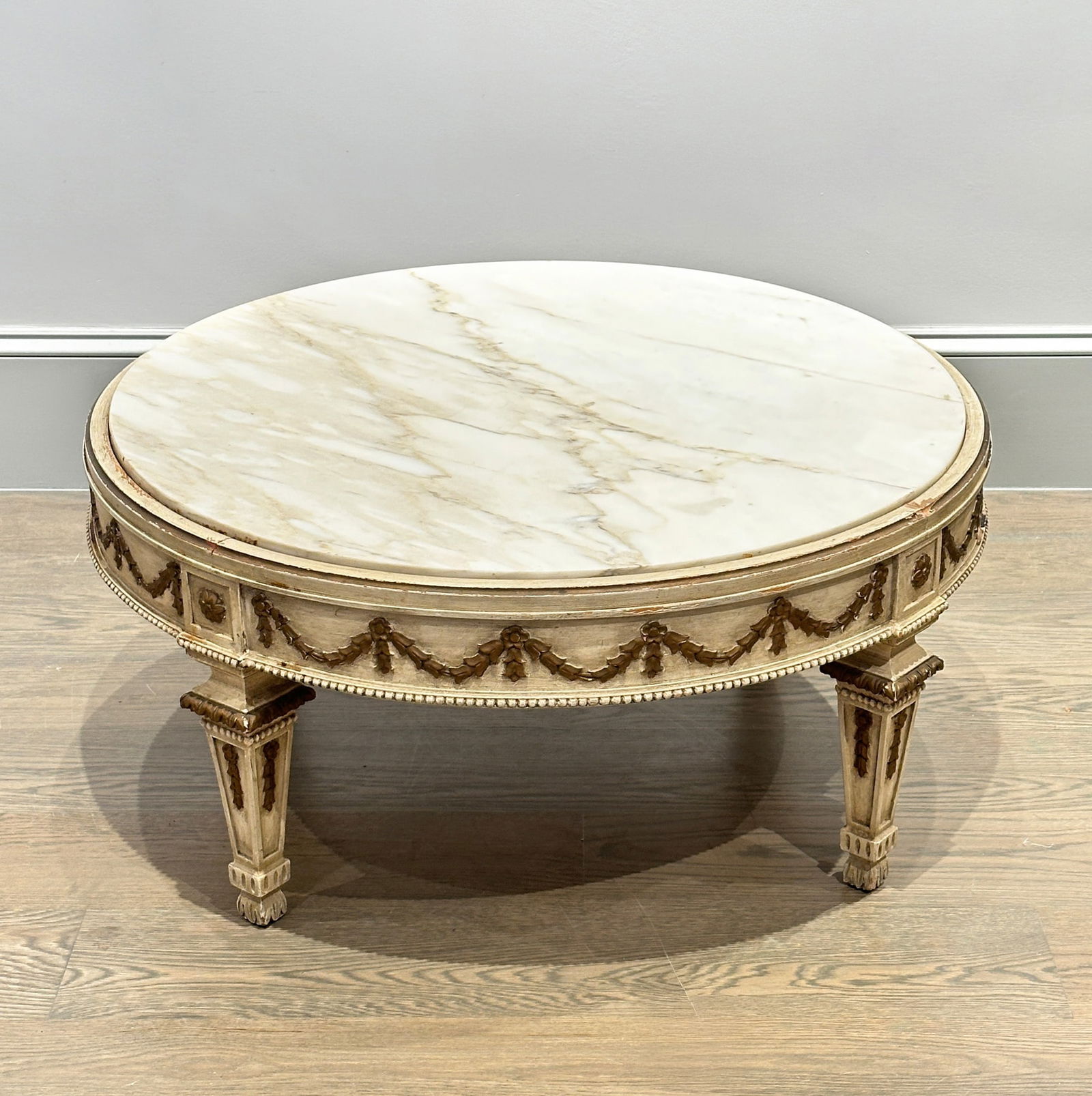 Louis XVI Style White Painted and Parcel Gilt Marble Top Low Table (1 of 9)