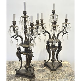 Pair of Louis XV Style Five Light Bronze and Crystal Candelabra