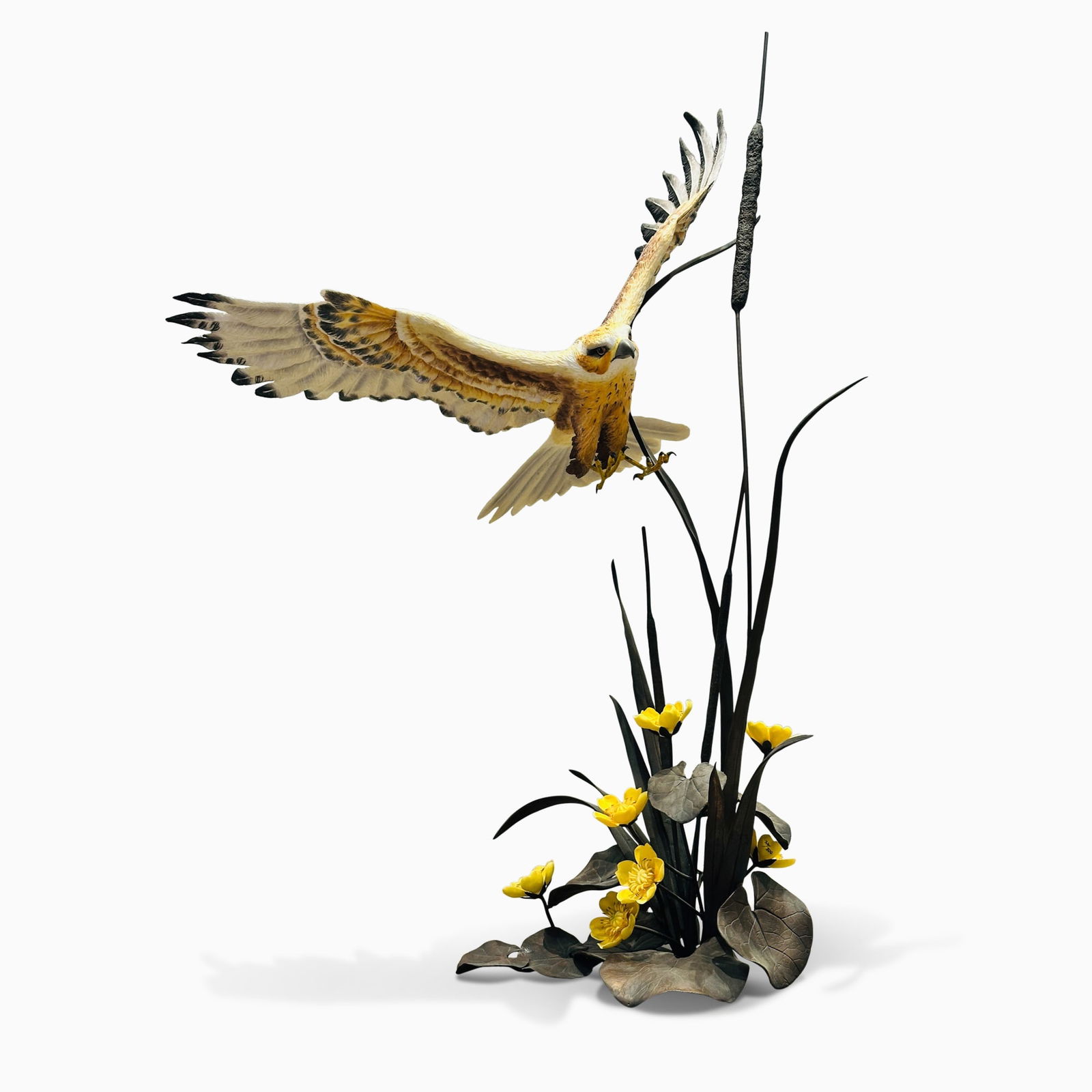 Boehm "Marsh Harrier with Waterlilies" Porcelain and Patinated Bronze Sculpture: Numbered 24/300, with Boehm label on the underside. Height 27 inches. Repair to leg.
