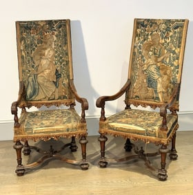 Pair of Baroque-style Tapestry-upholstered Walnut Armchairs