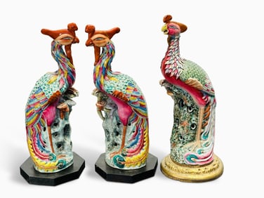 Pair of Famille Rose Enameled Porcelain Exotic Bird-form Lamps