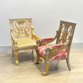 Two Empire Style Painted and Parcel Gilt Wood Armchairs