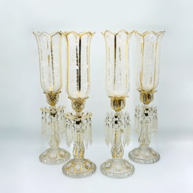 Two Pairs of Victorian Gilt and Etched Glass Lustres