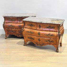 Near Pair of Louis XV Style Marble Top Gilt-Bronze Mounted Inlaid Fruitwood Bombe Commodes