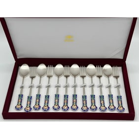 Cased Set of Korean Enameled Sterling Silver Spoons and Forks