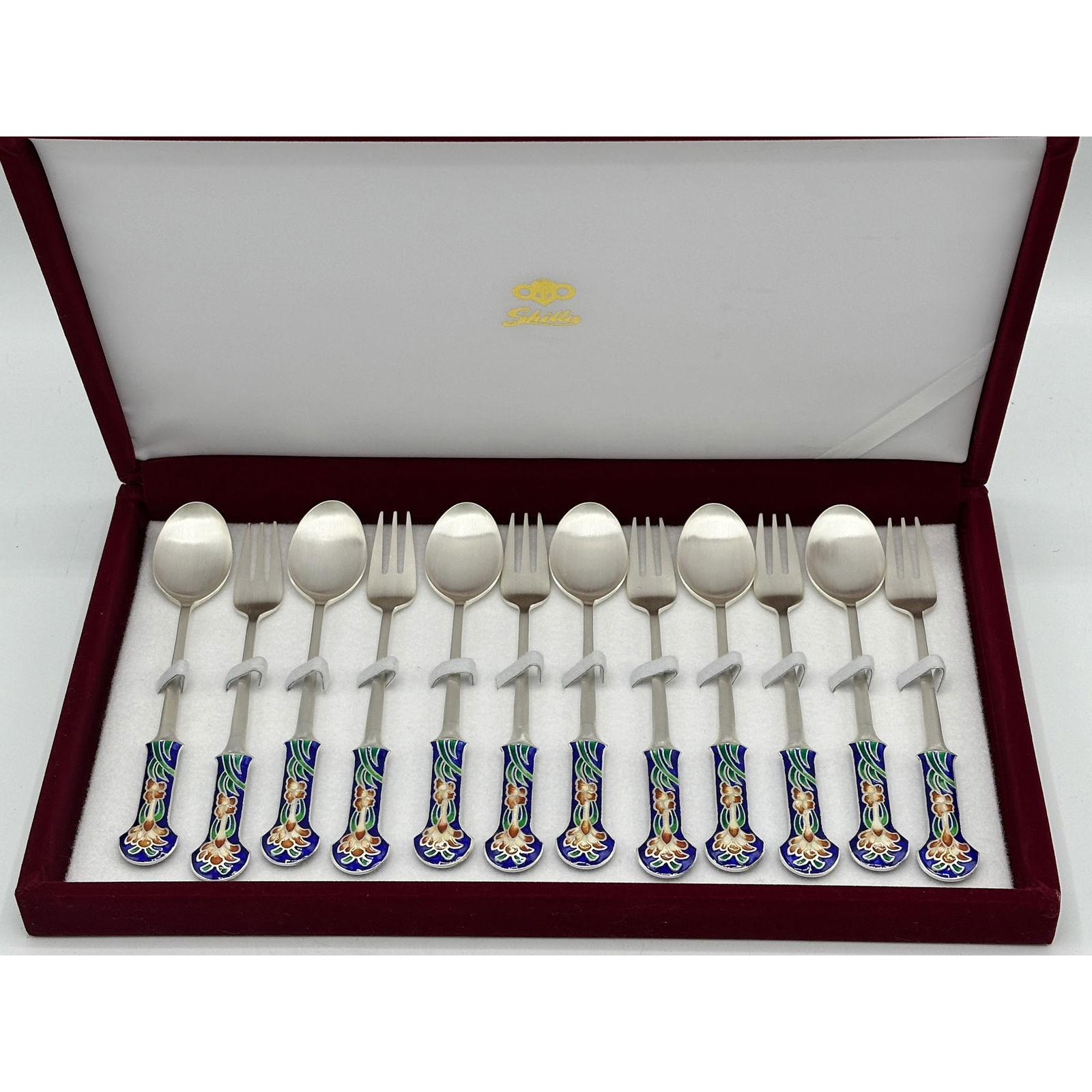 Cased Set of Korean Enameled Sterling Silver Spoons and Forks (1 of 4)
