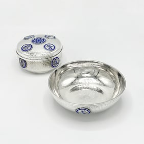 Chinese 999 Silver and Enamel Bowl and Covered Dish