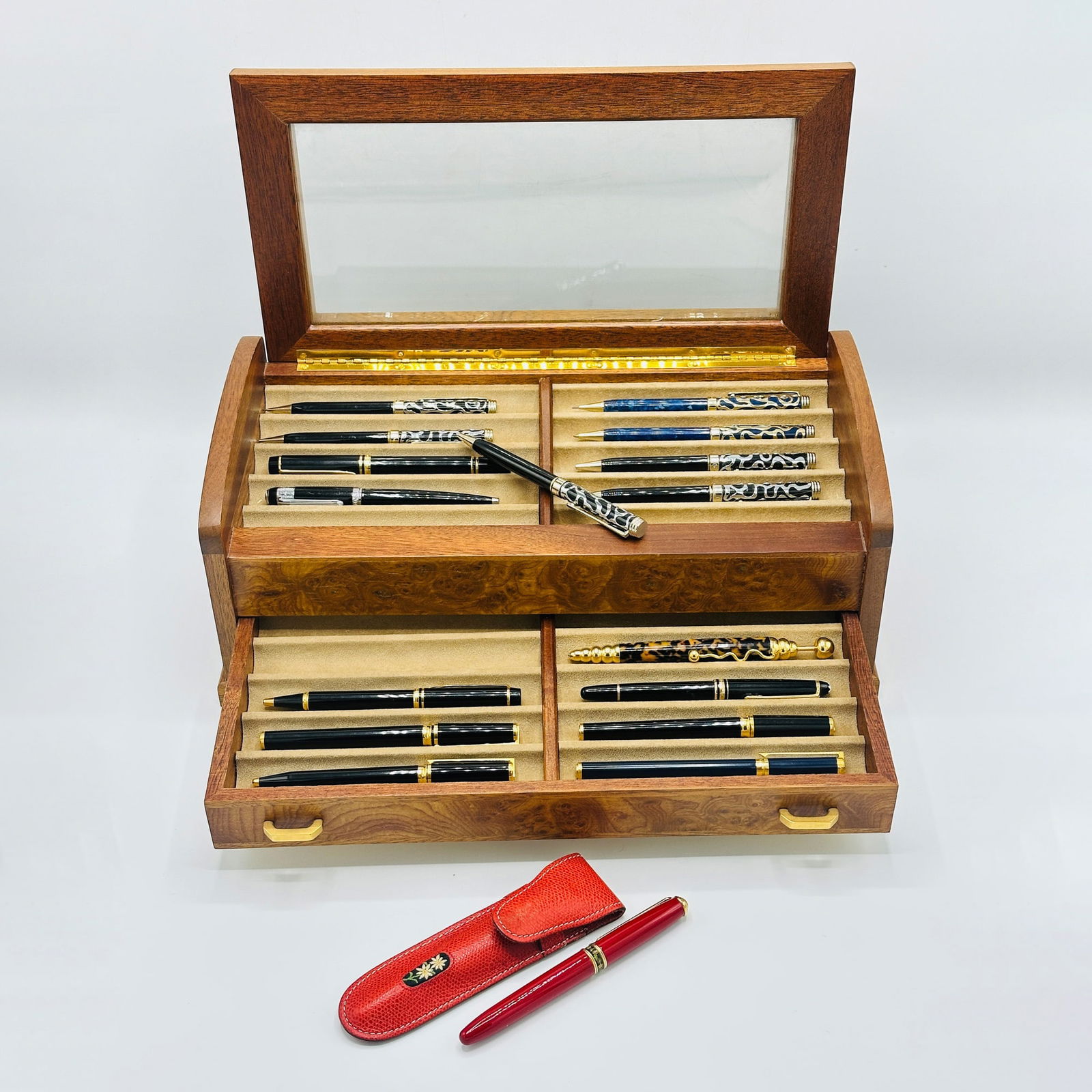 Group of Writing Instruments in an Angresti Burlwood and Walnut Fitted Display Case (1 of 9)