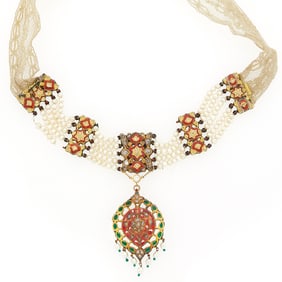 Indian Mughal Multistrand Pearl Pendant Choker Necklace