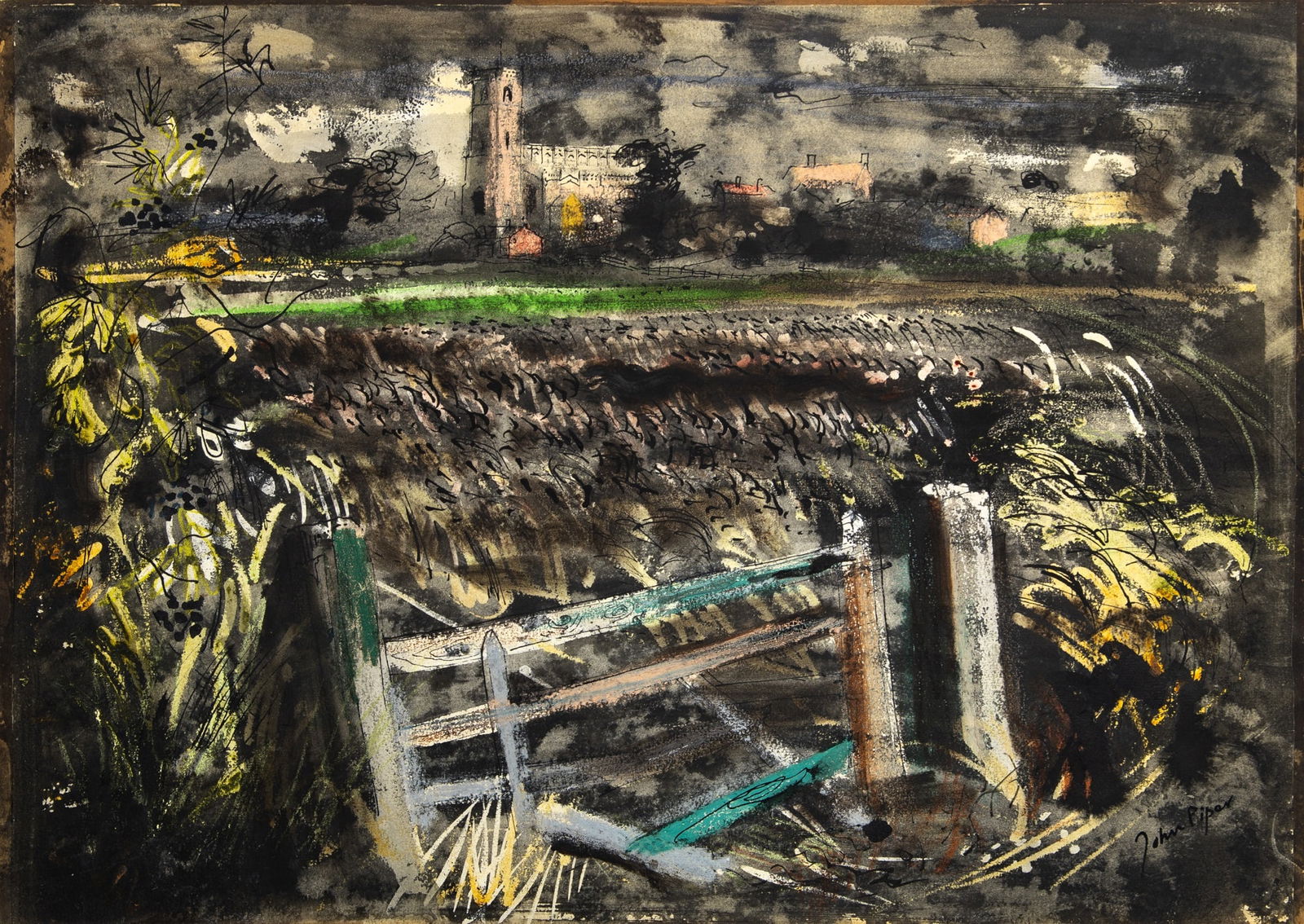John Piper: British, b. 1946Old Wood GateSigned John Piper (lr)Watercolor and gouache on paper14 5/8 x 20 5/8 inches (37.1 x 52.5 cm)Provenance: