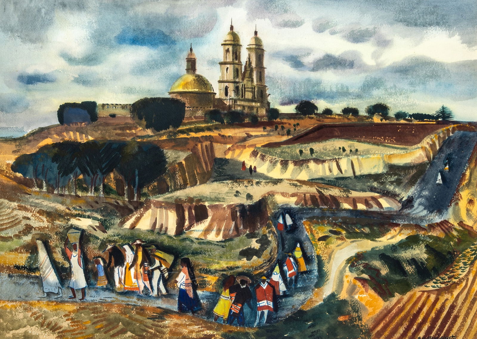 Millard Owen Sheets: American, 1907-1989Sunday-GuadalajaraSigned Millard Sheets (lr)Watercolor and gouache on paper21 1/2 x 29 1/2 inches (54.6 x 74.9 cm) Provenance:Dalzell Hatfield Galleries, Los AngelesSki