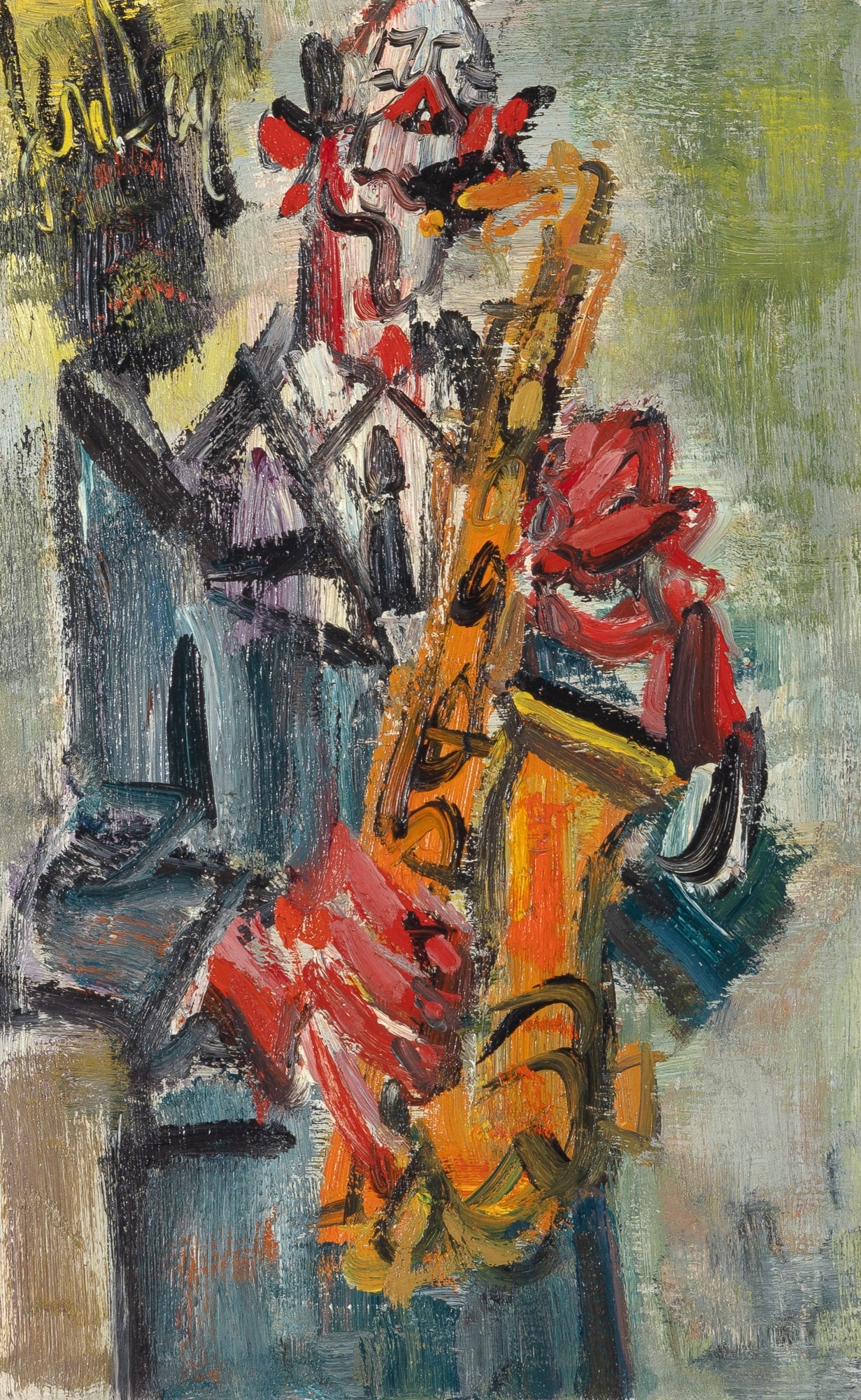 Gen Paul: French, 1895-1975Homme au SaxophoneSigned Gen Paul (ul)Oil on canvas13 3/4 x 8 11/16 inches (35 x 22 cm) (Framed: 22 1/8 x 17 1/8 inches) In overall good condition; frame rubbi