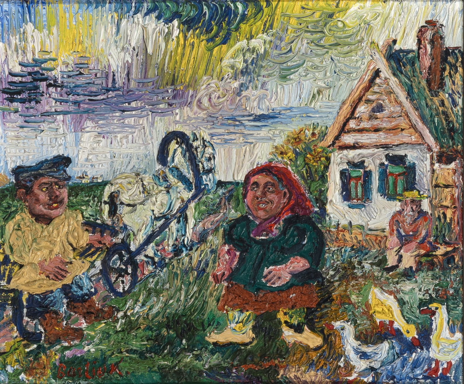 David Davidovich Burliuk: Ukrainian, 1882-1967VillagersSigned Burliuk (ll)Oil on canvas10 1/8 x 12 inches (25.7 x 30.5 cm) (Framed 15 1/4 x 17 1/8 inc