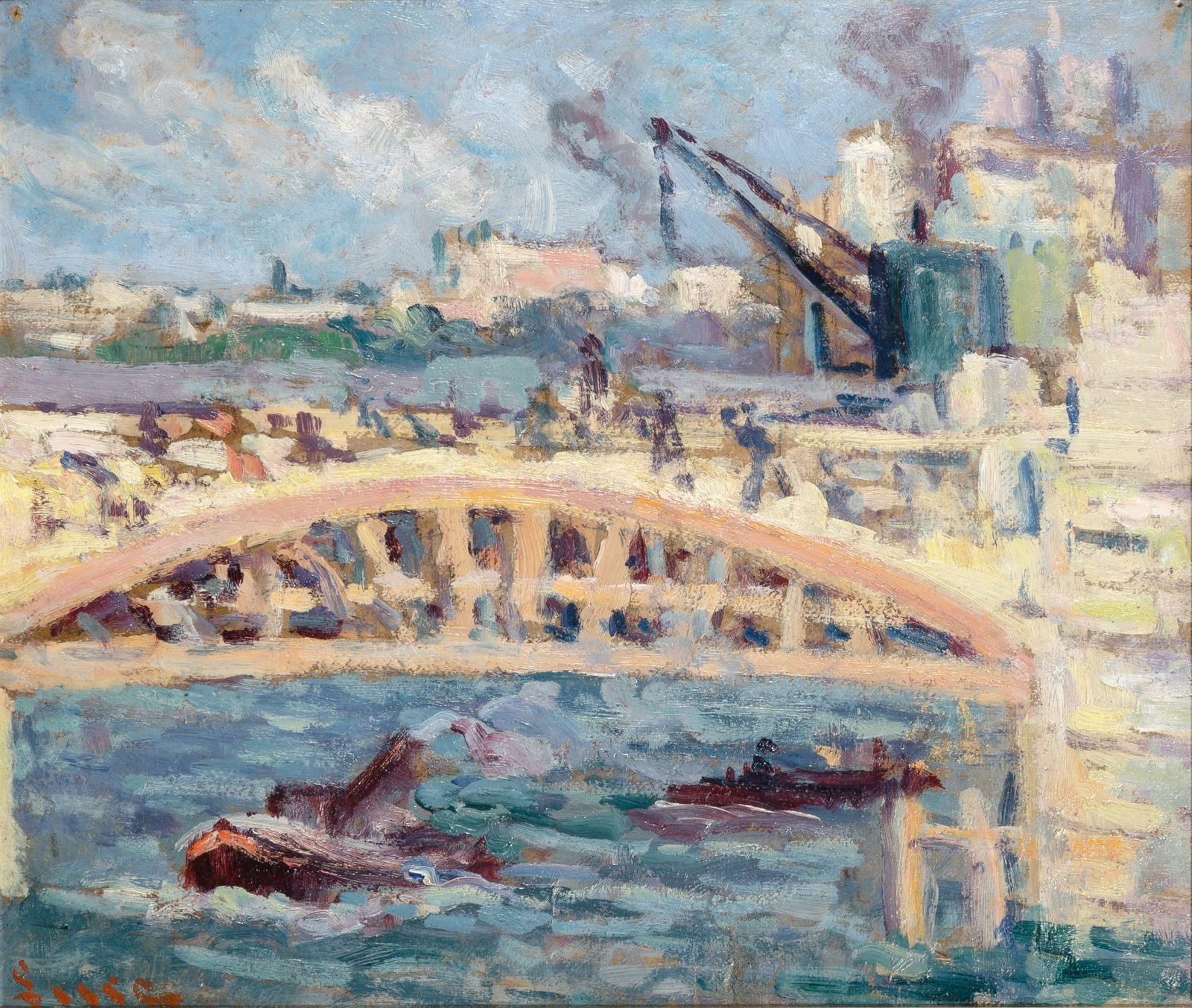 Maximilien Luce Bridge Scene: French, 1858-1941Construction along the SeineSigned Luce (ll)Oil on board11 1/8 x 13 inches (28.3 x 33 cm) (Framed 17 x 19 inches) Dirty varnish