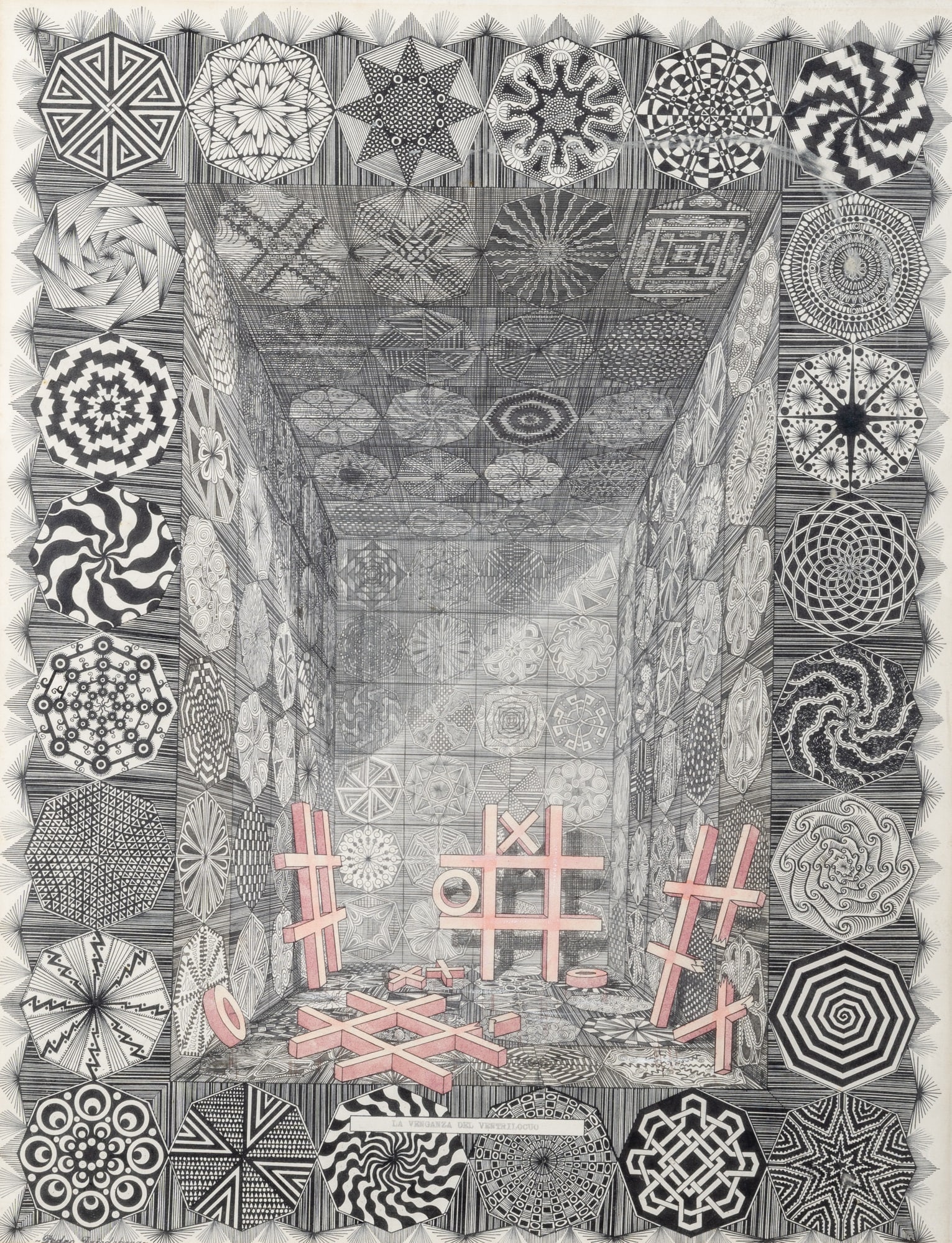 Pedro Friedeberg: Mexican, b. 1936La Venganza del Ventrilocuo, 1965Stamped Pedro Friedeberg (ll); also titled (lc)Ink and acrylic on paperboard23 5/8 x 18 inches (60 x 45.7 cm)Provenance:Galeria de Antonio