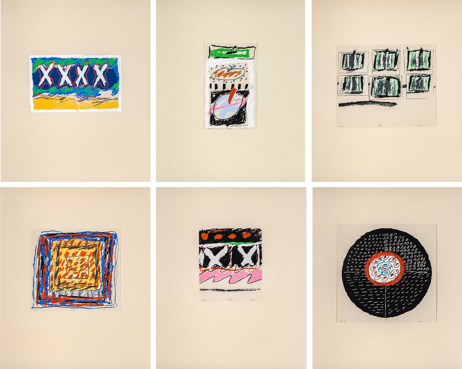 Ida Rittenberg Kohlmeyer (1912-1997): DIMINUTIVES Complete set of six color screenprints, 1979, signed with initials, dated and numbered 98/100 in pencil, printed by Weldon Workshop, New Orleans, with full margins, framed.Sheets 13 7/8 x