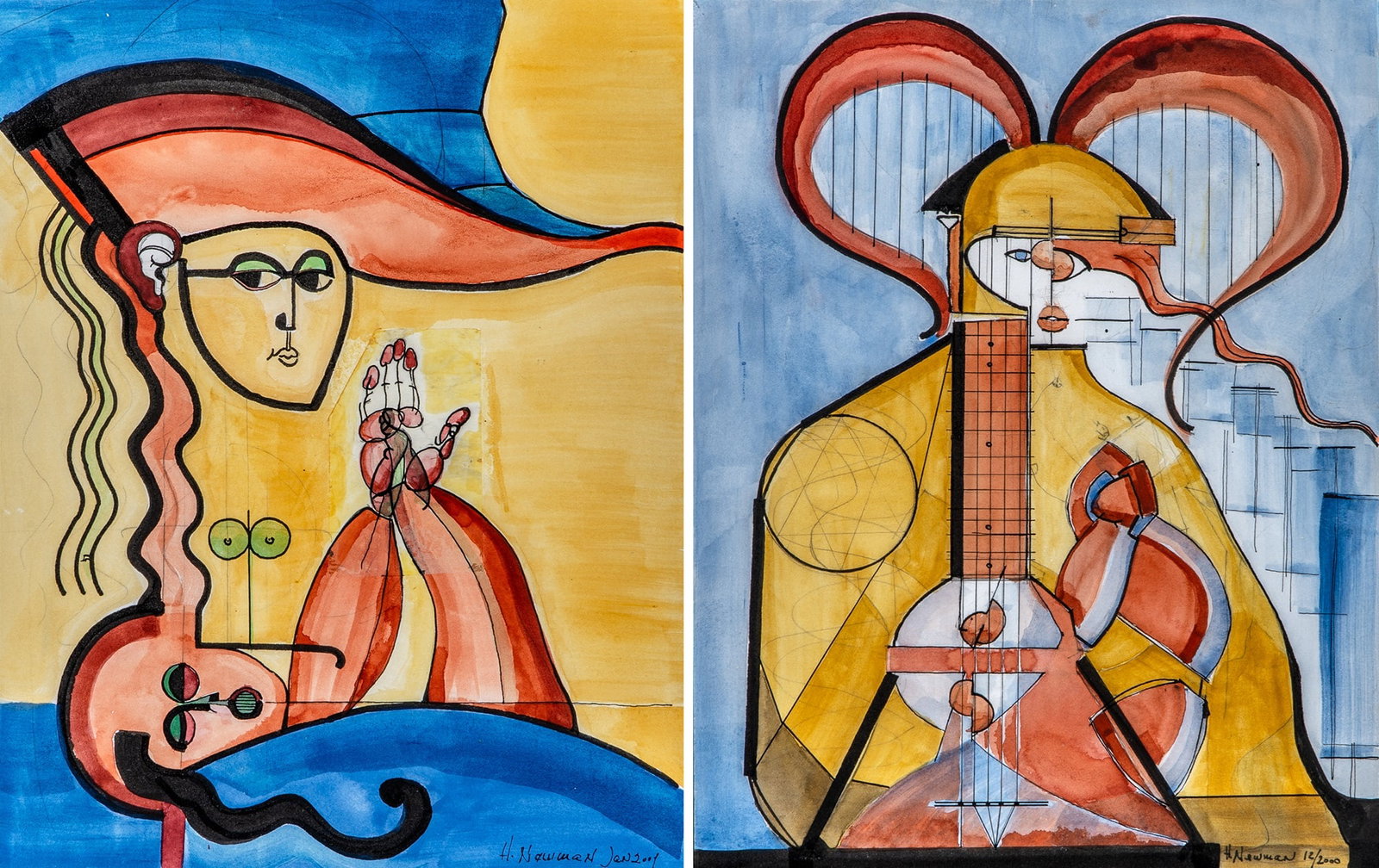 Howard Newman: American, b. 1943Untitled (Mother and Child 5): TwoSigned and dated (lr)Mixed media with watercolor and collage on paperEach 14 x 11 inches (35.6 x 27.9 cm) (Each Framed 21 1/2 x 18