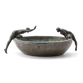 American Patinated Bronze Centerpiece Bowl with Male and Female Nude Figures