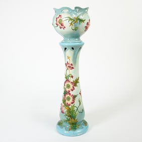 French Art Nouveau Floral Decorated Majolica Jardiniere and Pedestal