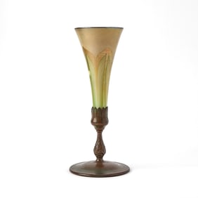 Tiffany Studios Bronze and Iridescent Favrile Glass Trumpet Vase