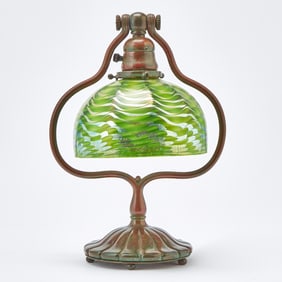 Tiffany Studios Bronze and Favrile Glass Harp Desk Lamp